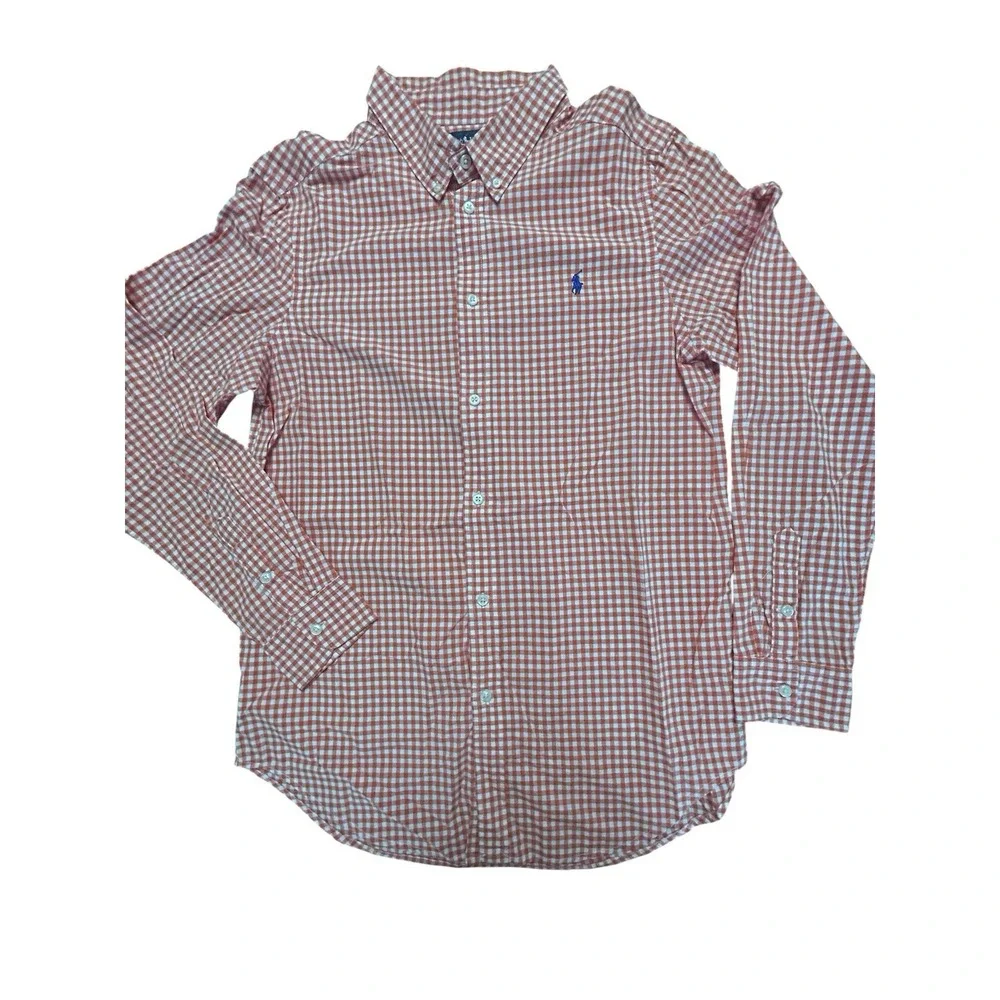 Ralph Lauren Black Label Orange White Check Long Sleeve Shirt Boys SZ 18-20 (XL)
